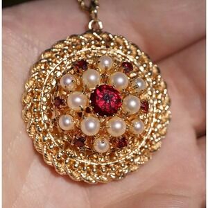 Vintage 14K Solid Gold‎ Ruby & Pearl Disk Round Filigree Pendant - Heavy